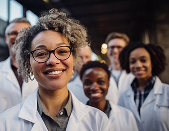 A photo of people in lab coats smiling symbolizing contingent faculty in STEM